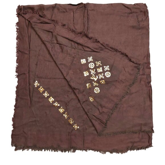 LOUIS VUITTON LV Vintage Brown with Gold Sequin Silk Wool Scarf Shawl Wrap - Picture 3 of 9